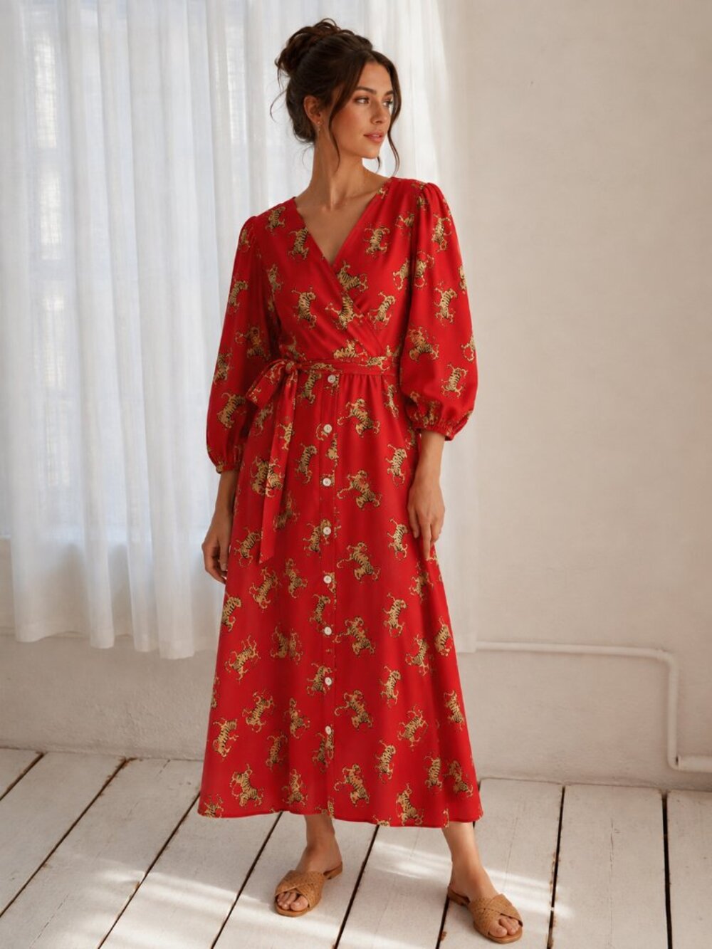 GUADALUPE DESIGN 100% Cotton Monica Tiger Midi Dress